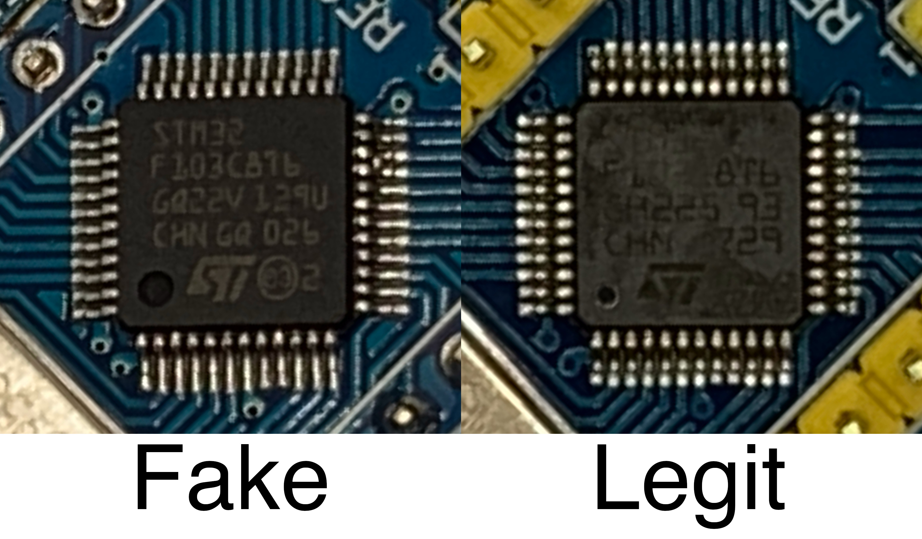 Comparison of a clone STM32 to a legitimate STM32.  Note the differences in the ST logo.