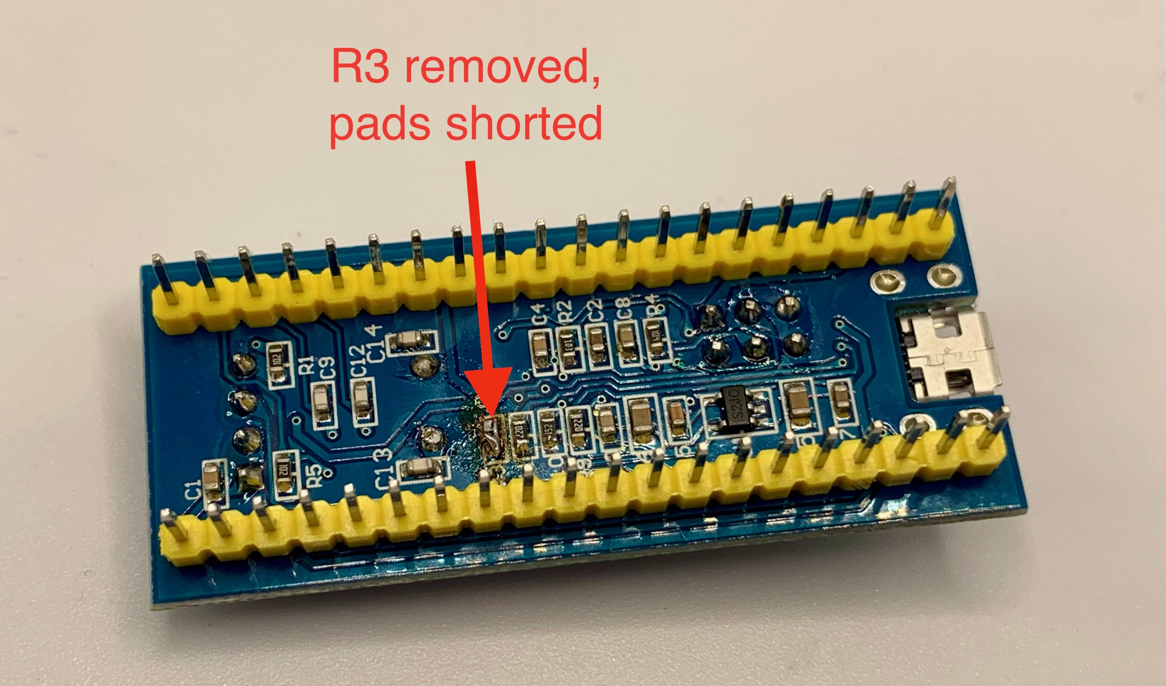 R3 removed, pads shorted